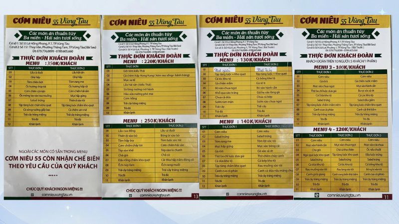 menu khách đoàn cơm niêu 55 vũng tàu